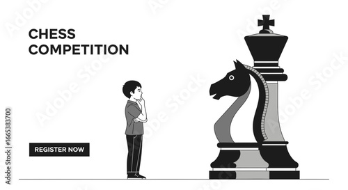 Conceptual illustration promoting chess competition featuring a boy strategizing
