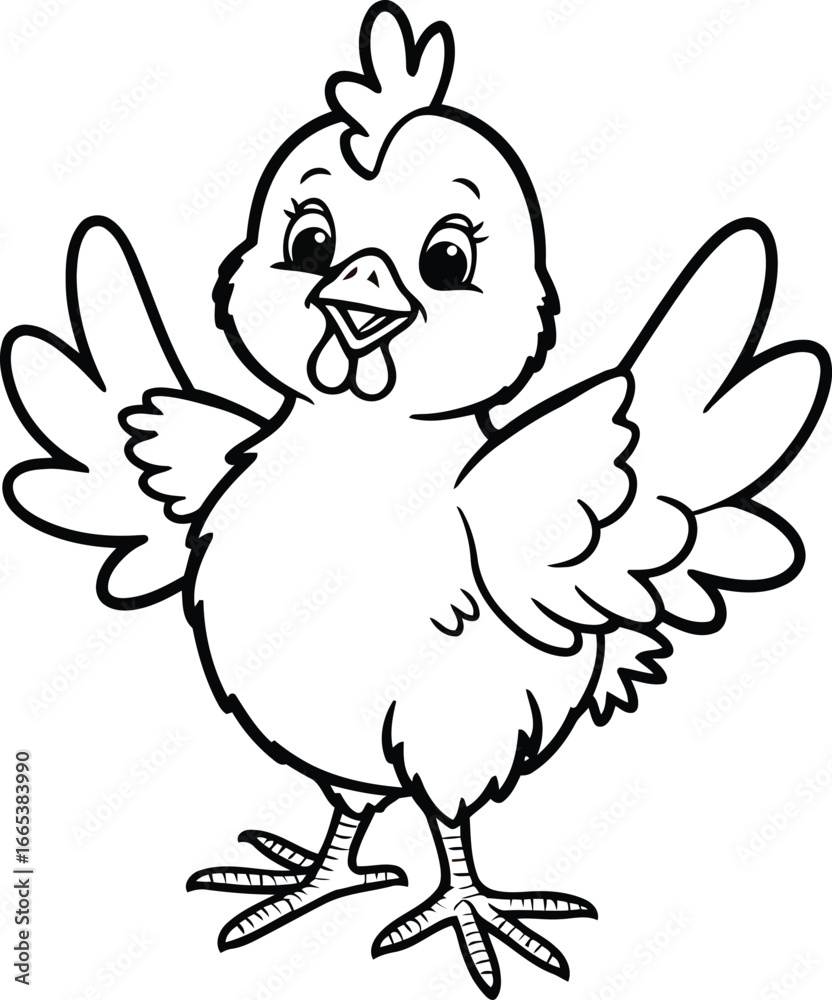 Fototapeta premium Cheerful Cartoon Chicken Chick Vector with Raised Wing