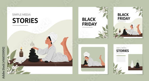 Elegant spa day and black friday promotional template for social media stories and posts
