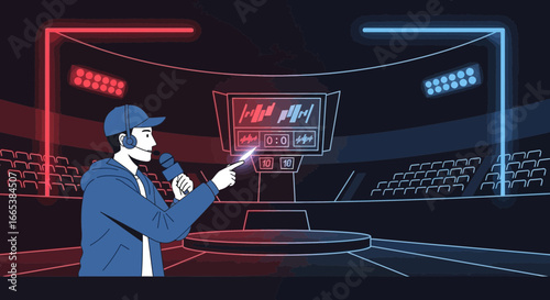 Esports tournament host introducing competitors in a high tech arena platform