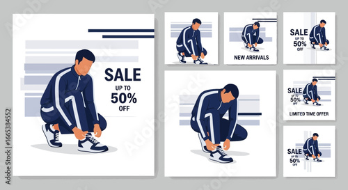 Eye-Catching Vector Illustration of a Man Tying Shoes for Sportswear Sale Campaign