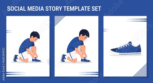 Illustrated social media story template set featuring a boy tying his shoelaces