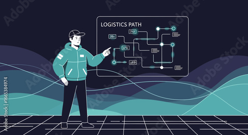 Illustration depicting logistics path analysis with a presenter and data dashboard for supply