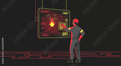 Engineer Monitoring Volcanic Activity Data on a High-Tech Display Panel in a Control Room