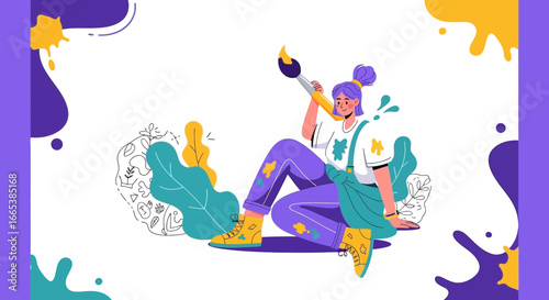 Illustration of a creative artist girl with brush and abstract background design