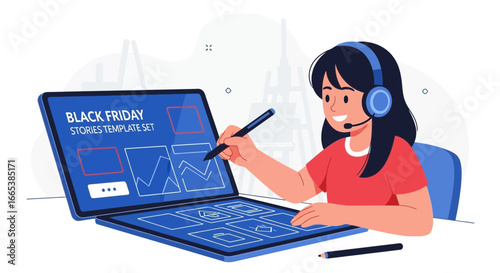 Female designer creates black friday stories templates set on a laptop professionally with a
