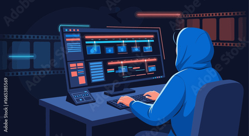 Illustration of video editor wearing a hoodie working on professional software on computer for