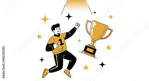 Illustration representing success and achievement, showcasing a triumphant man with a golden