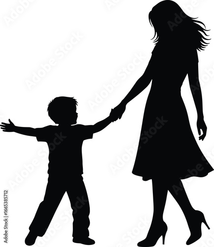 Silhouette vector illustration of mother holding child’s hand, family love, parenting concept, maternal care, childhood support, happy mom and son together