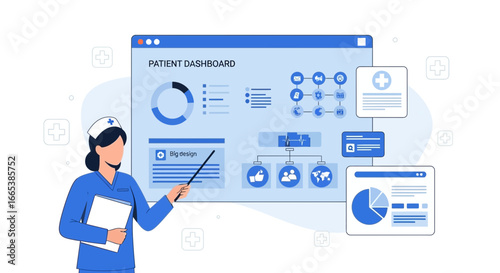 Healthcare professional presents patient data analytics on interactive dashboard