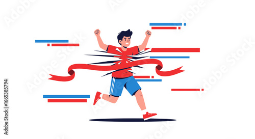 Illustration depicting a runner triumphantly breaking through the finish line ribbon with elation