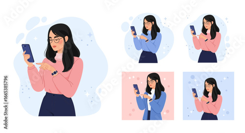 Illustration collection of a young woman using a smartphone for communication and social media