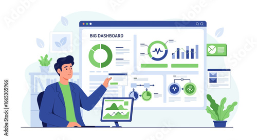 Illustration of a businessman presenting a big dashboard with data analytics information
