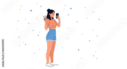 Illustration of a cheerful young woman taking a selfie on a decorated white background