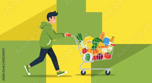 Illustration of a man with grocery cart full of food items representing food shopping and healthy