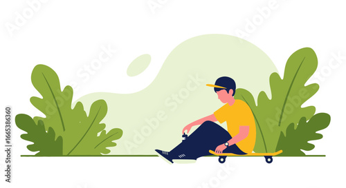 Illustration of a young man sitting on a skateboard surrounded by greenery in a park setting