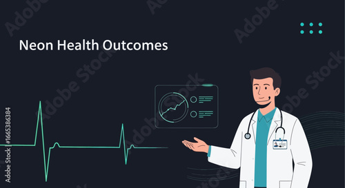 Modern illustration showcasing neon health outcomes with a doctor and vital signs display
