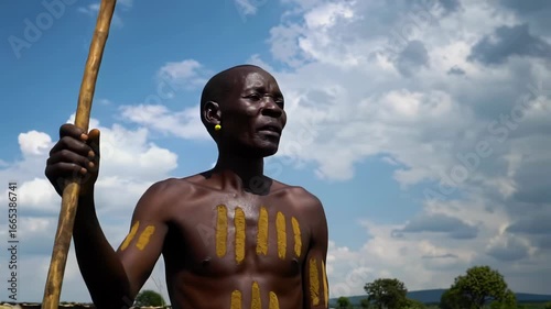 Karamojong man observes herd of cattle from hilltop in Uganda with ochre body paint and earring