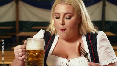 Plus size woman enjoys beer and sausage in traditional Bavarian attire at festive outdoor gathering
