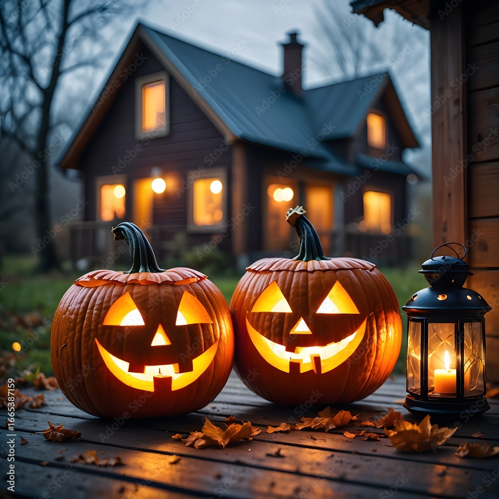 Obraz premium Glowing Carved Pumpkins on Misty Walkway Near Cabin