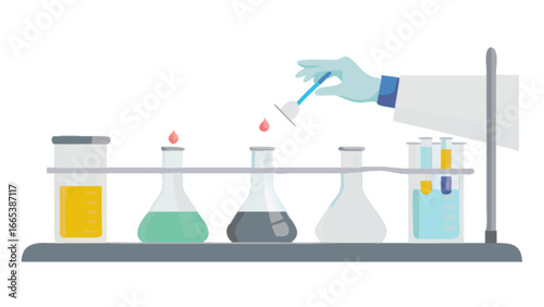 Laboratory setup with flasks and test tubes showing a chemical reaction with a gloved hand adding liquid