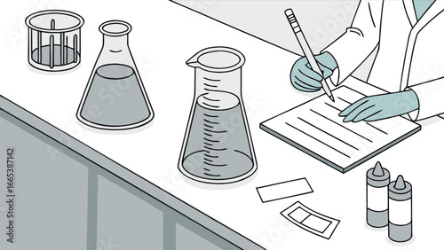 Illustration of a scientist taking notes with beakers and lab equipment on a laboratory table