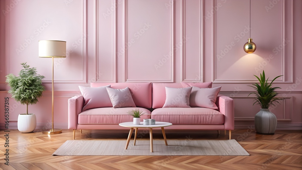 Obraz premium Elegant pink living room with a comfortable sofa, coffee table, and decorative plants