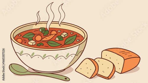 A bowl of steaming soup with vegetables and tofu accompanied by slices of bread on a light background