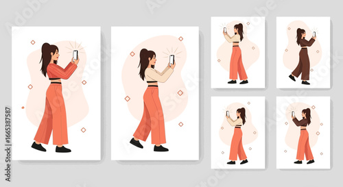 Set of illustrations depicting a woman taking a selfie with different poses and colors styles of