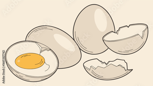 Illustration of several whole eggs and broken eggshells with a yolk on a light background