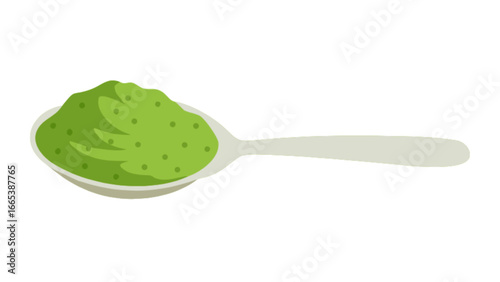 A spoon filled with a vibrant green substance that has small dark spots spread throughout the mixture