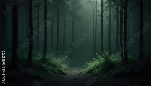 Fototapeta Naklejka Na Ścianę i Meble -  A path deep in a dark, foggy forest with tall pine and spruce trees. A narrow beam of light illuminates the undergrowth. Atmosphere of mystery and horror.