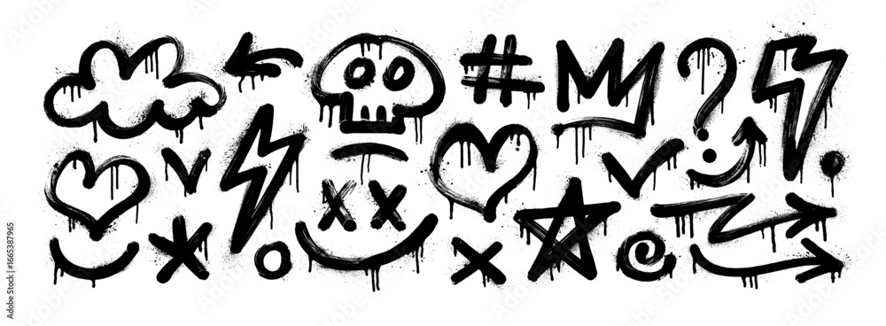Urban graffiti spray paint element set. Street art icons with drips, splatters, and grunge texture. Set of arrow, cloud, skull, crown, star, lightning and heart. Graffiti icons with spray paint effect