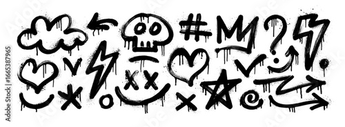 Urban graffiti spray paint element set. Street art icons with drips, splatters, and grunge texture. Set of arrow, cloud, skull, crown, star, lightning and heart. Graffiti icons with spray paint effect