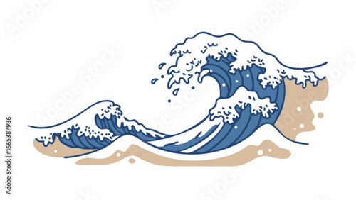 Illustration of two stylized ocean waves with white foam and a sandy beach at the bottom edge