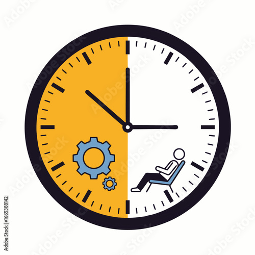 An insightful graphic illustration of a clock face, perfectly divided to symbolize the critical importance of achieving a healthy work-life balance and time management.