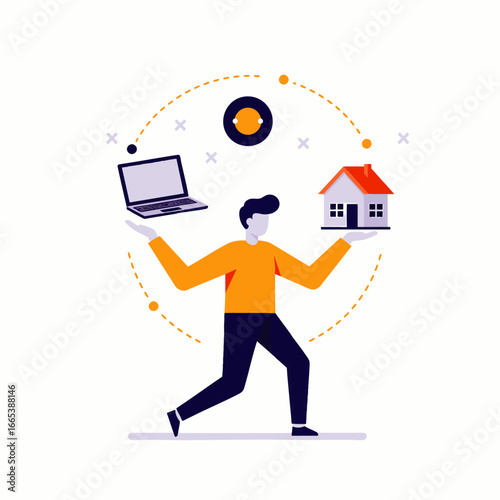 An energetic individual demonstrates the delicate act of balancing a laptop and a house, symbolizing modern work-life integration and flexibility.