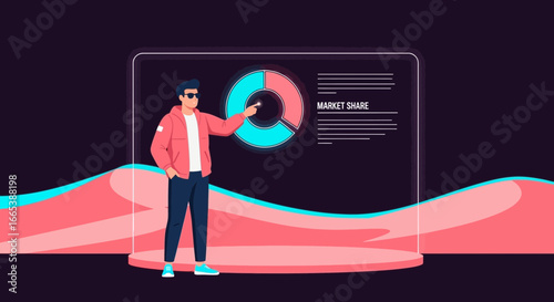 Stylish man presenting market share data analysis on a modern interactive display