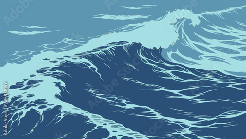 Illustration of a large ocean wave with foam cresting under a cloudy blue sky in a simple style
