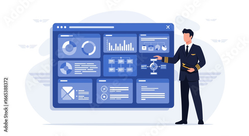 Pilot analyzing flight data visualization dashboard for aviation safety overview