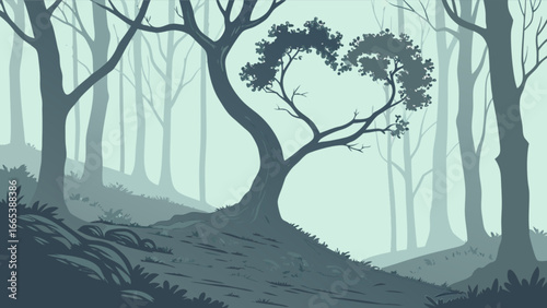 A whimsical forest scene with a heart shaped tree in the foreground and misty background treescape art