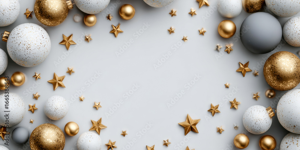 Fototapeta premium Decorative Christmas ornaments in gold, silver, and white arranged in a circular pattern on a light gray background, creating a festive atmosphere with copy space for text