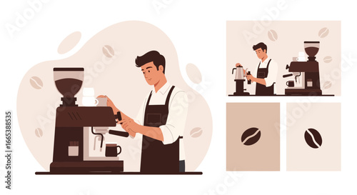 Professional barista preparing coffee on machine in a modern coffee shop scene