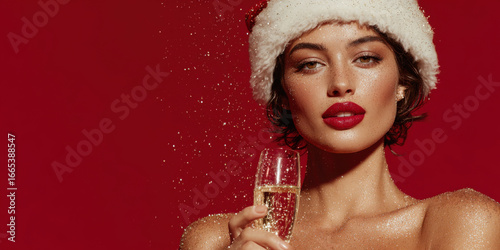 Beautiful woman with festive makeup and a Santa hat, holding a glass of champagne, surrounded by sparkling decorations, celebrating Christmas and New Year with joy and elegance