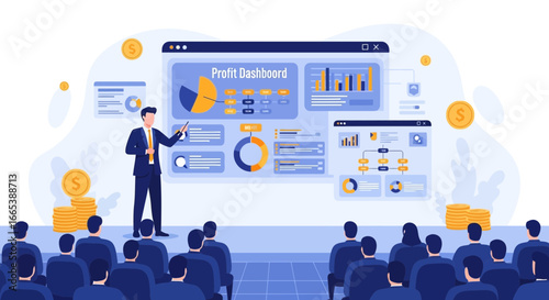 Profit dashboard presentation delivered by professional to an engaged audience