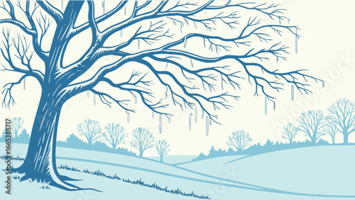 Illustration of a bare tree with icicles in a winter landscape with rolling hills and distant trees