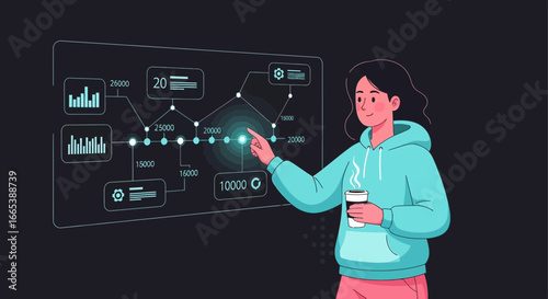 Woman presenting data analysis and charts on a virtual screen with coffee cup