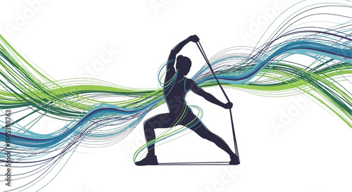 Dynamic Fitness Silhouette Woman Exercising with Resistance Band, Abstract Green Blue Wave Background