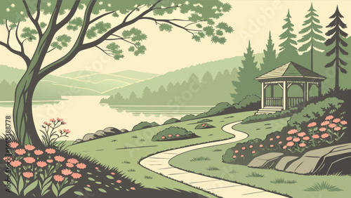 A scenic landscape featuring a lake gazebo trees flowers and a winding path in a peaceful setting style