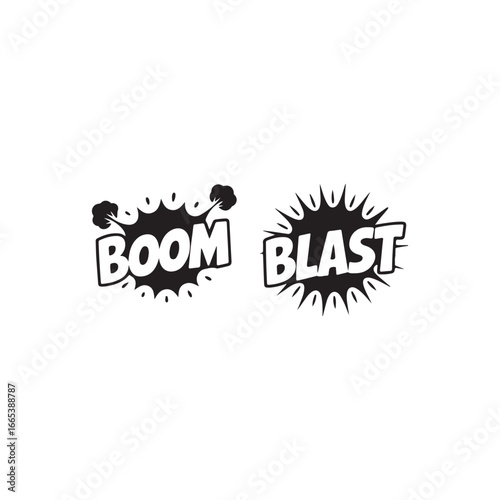 Two black and white comic book boom and blast sound effects.